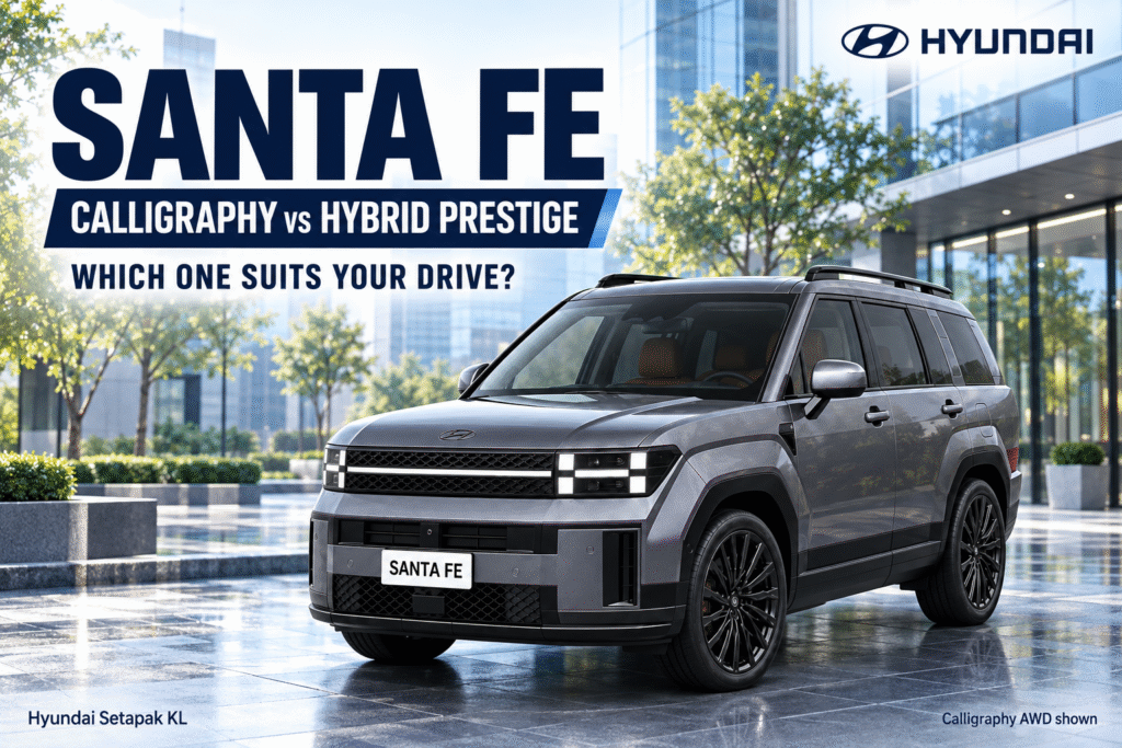 Hyundai Santa Fe Calligraphy vs Hybrid Prestige buyer guide, with Calligraphy AWD shown